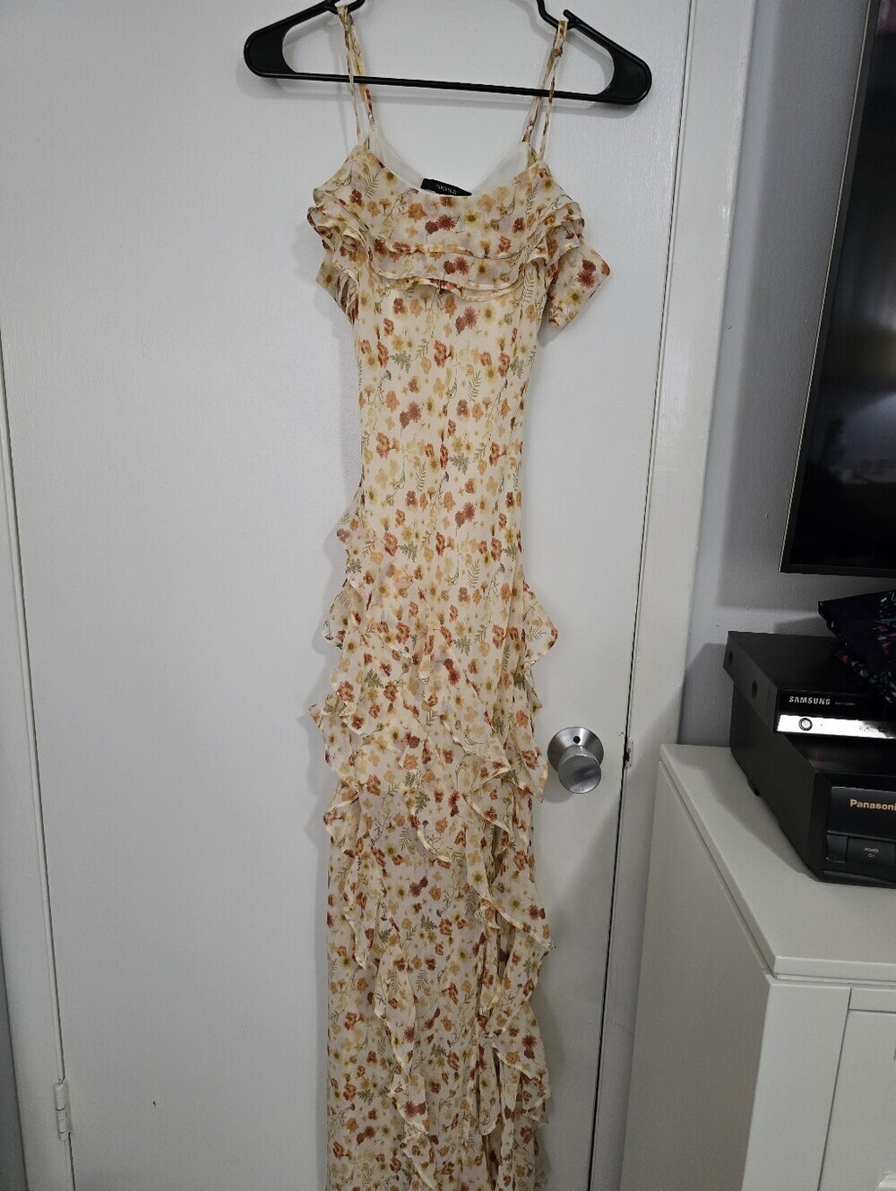 Floral Ruffle Maxi Dress - Cream with Orange & Green